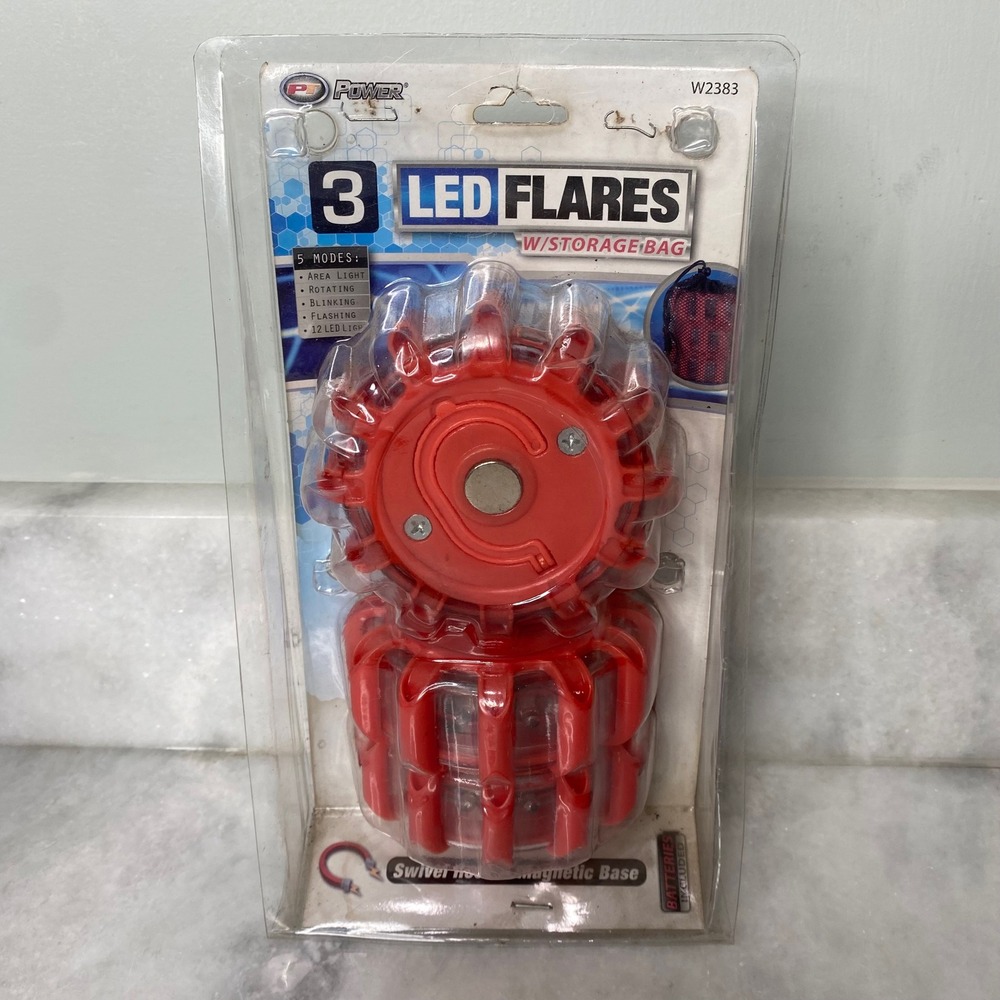 NWT PT Power 3-Pack LED Safety Flares Red Emergency Magnetic Swivel Base Lights